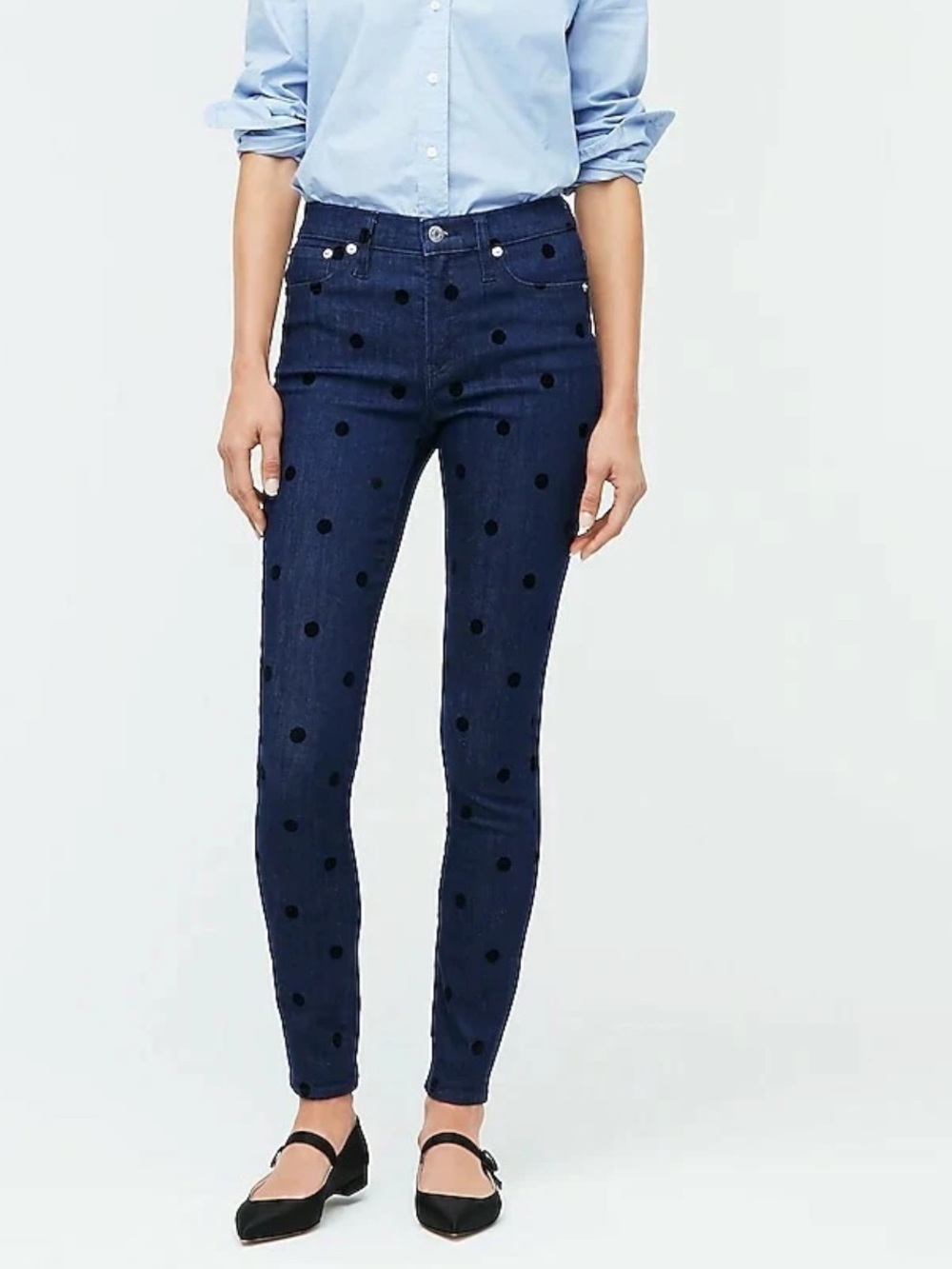 J. CREW 9" High-rise Toothpick Jean Velvet Dots SZ 27 Denim Polka Dot Dark Blue